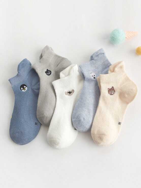 Five Pairs Boys" Embroidered Short Animal Decor Socks