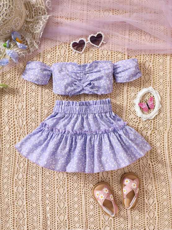 Baby Girl Plants Print Off Shoulder Ruched Front Top & Paperbag Waist Skirt