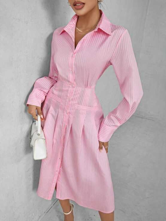 Striped Pleated Button Long Sleeve Dress - Image 2