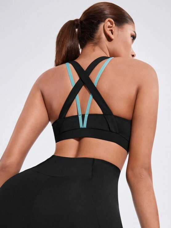 Women Cross Back Front Zipper Design Short Sleeve Sports Crop Top