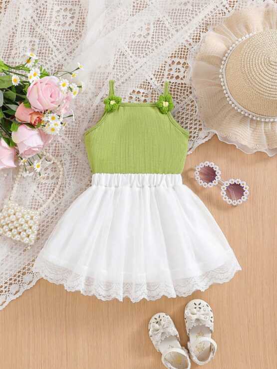 Baby Girl Cute Crochet 3D Flower Decor Strap Top And Patchwork Lace Puffy Skirt