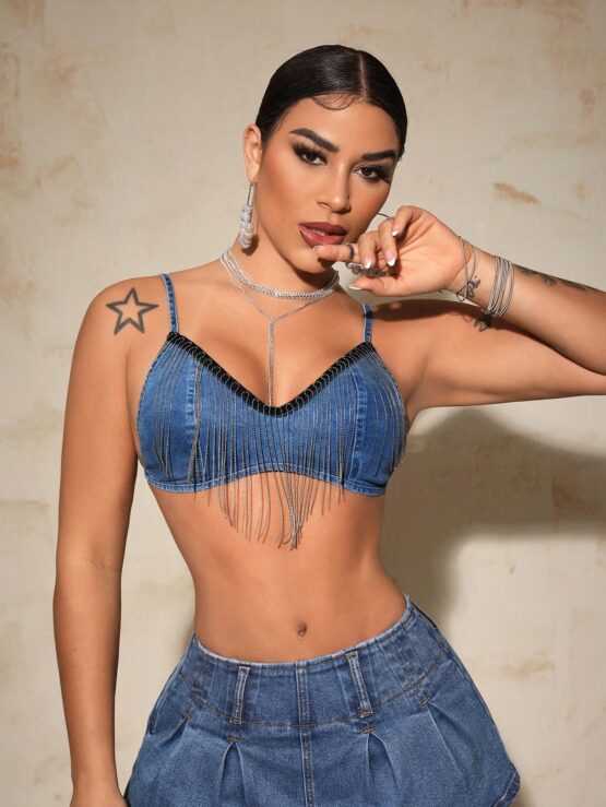 Fashion Street Music Festival Fringe Trim Ultra Short Camisole Denim Top