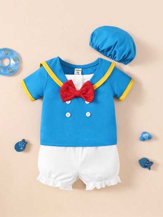 Cute Frill Color Block Top and Shorts Set