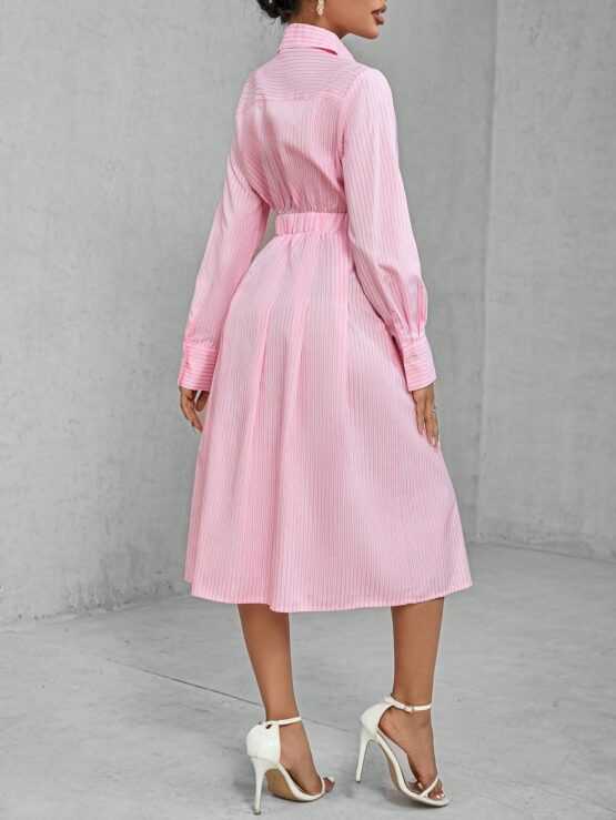 Striped Pleated Button Long Sleeve Dress - Image 3