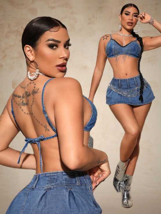Fashion Street Music Festival Fringe Trim Ultra Short Camisole Denim Top - Image 2