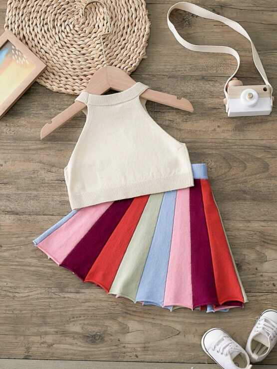 Young Girls' Floral Patch Knitted Top And Colorful Sweater Skirt - Image 2