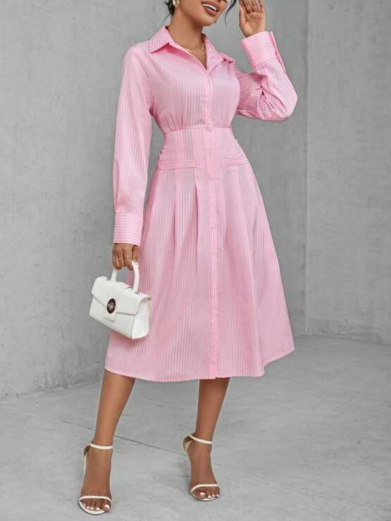 Striped Pleated Button Long Sleeve Dress