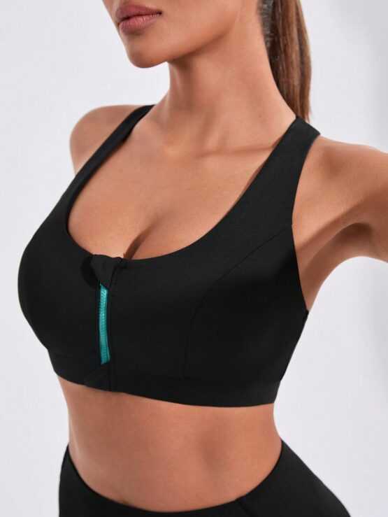 Women Cross Back Front Zipper Design Short Sleeve Sports Crop Top - Image 3