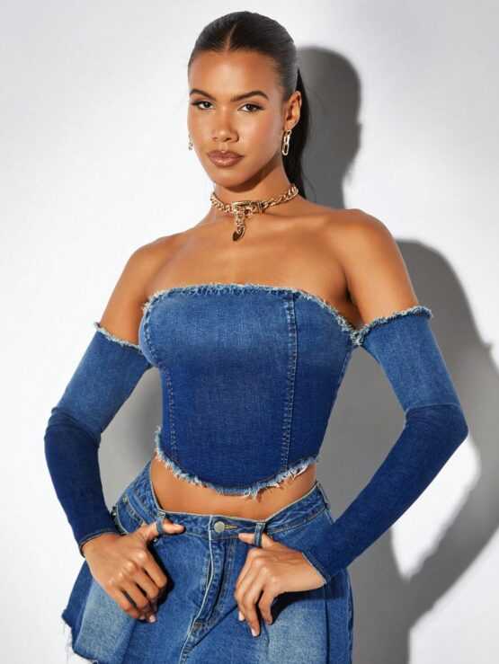 BAE Babes One Shoulder Long Sleeved Denim Top