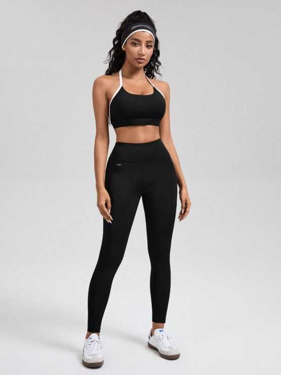 Women's Color Block Backless Halter Crop Top And High Waisted Leggings Sports Set