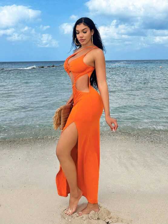 Beach Wear Bohemian Maxi Long Asymmetric Hollow Out High Slit Sexy Bodycon Dress - Image 3