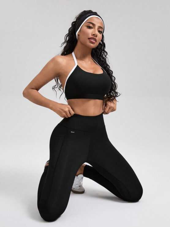 Women's Color Block Backless Halter Crop Top And High Waisted Leggings Sports Set - Image 3