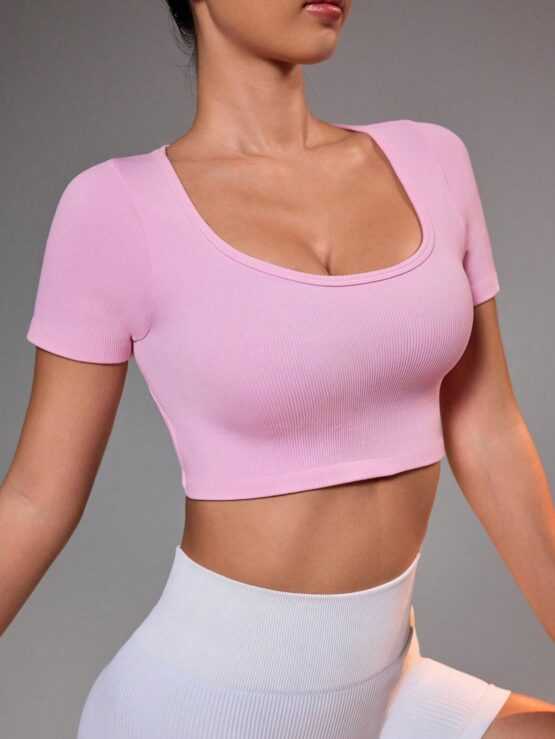 Women's Fashionable Sporty Solid Color Slim Fitting Backless Crop Tee - Image 3
