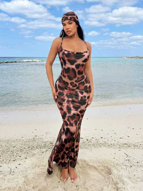 Leopard Print Spaghetti Strap Mermaid Backless Dress
