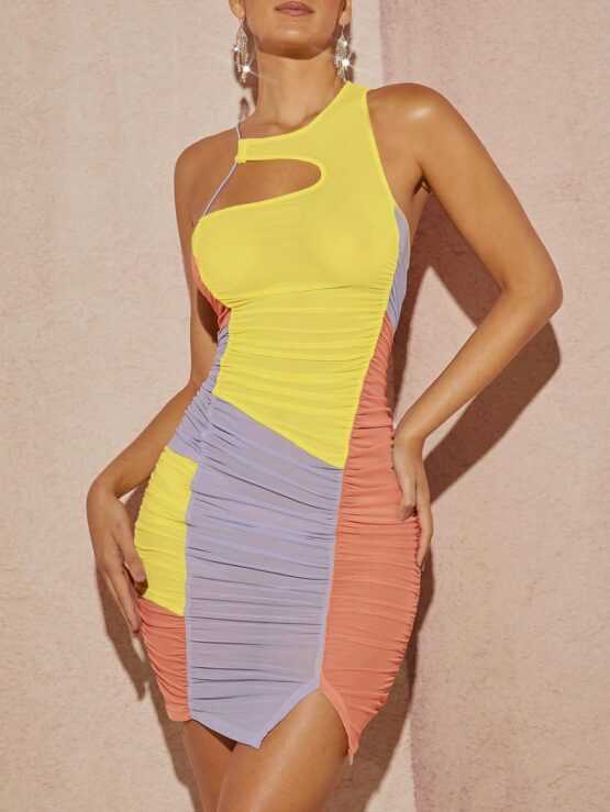 Haute Color Block Cut Out Ruched Mesh Dress