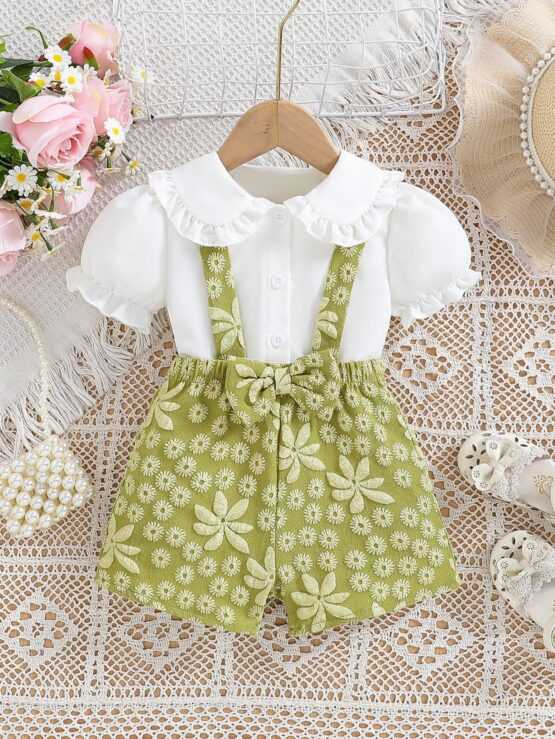 Baby Girls' Cute Doll Collar Bubble Short Sleeved Shirt And Bow Knot Suspender Shorts Set