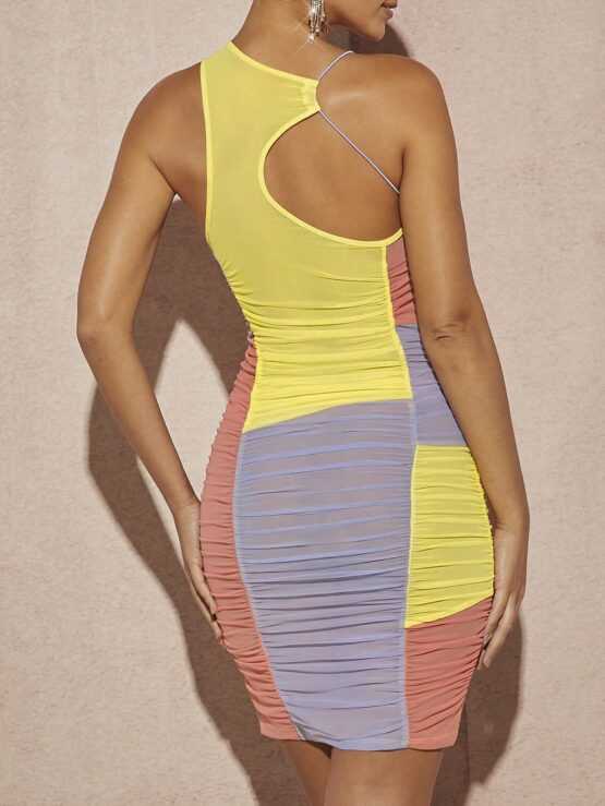 Haute Color Block Cut Out Ruched Mesh Dress - Image 2
