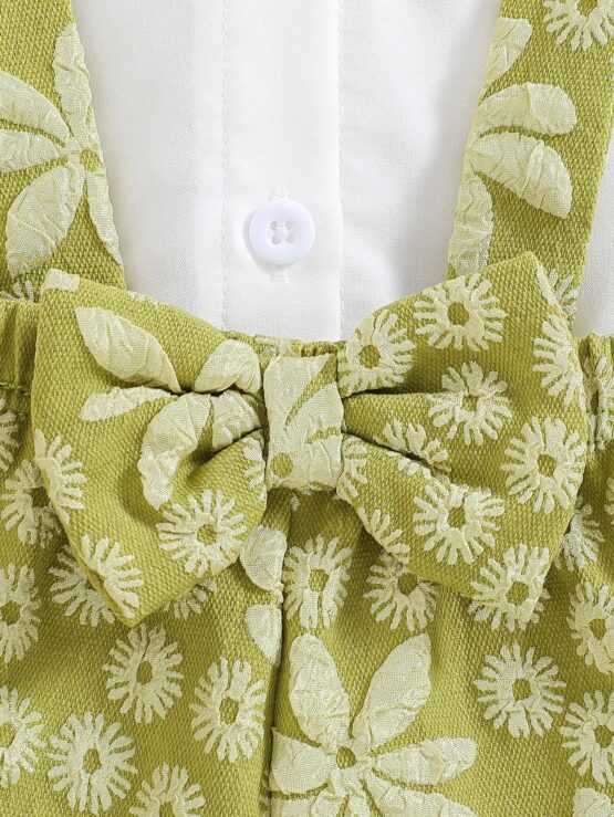 Baby Girls' Cute Doll Collar Bubble Short Sleeved Shirt And Bow Knot Suspender Shorts Set - Image 2