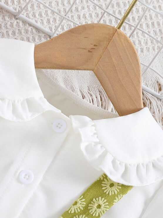 Baby Girls' Cute Doll Collar Bubble Short Sleeved Shirt And Bow Knot Suspender Shorts Set - Image 3