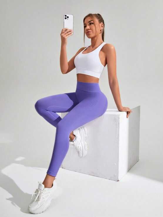 Yoga Basic Solid Color Wide Waistband Sports Leggings - Image 2