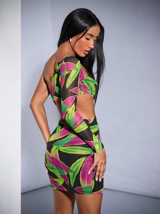 BAE Women's Asymmetrical Hollow Out Bodycon Dress With Plant Print - Image 4