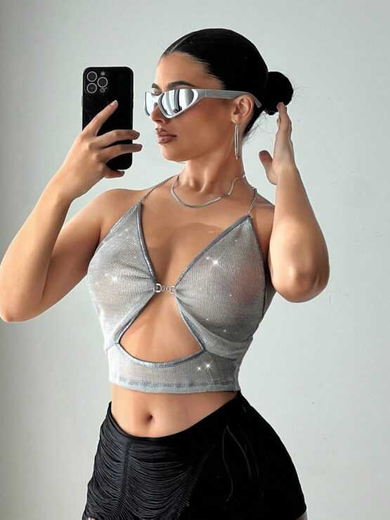 Women's Halter Metallic Design Sheer Mesh Camisole Neck Top