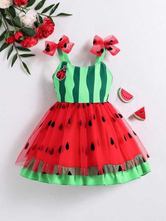 Baby Girl's Cute Watermelon Shaped Flocked Mesh Dress With Shoulder Straps