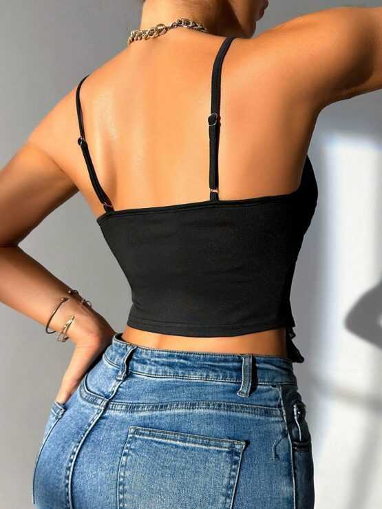 BAE Women's Mesh Patchwork Ruffle Trim Tie Cami Top - Image 2