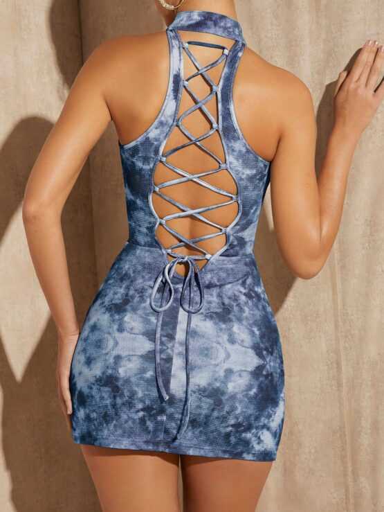 BAE Tie Dye Cut Out Front Halter Neck Backless Slit Hem Bodycon Dress - Image 2