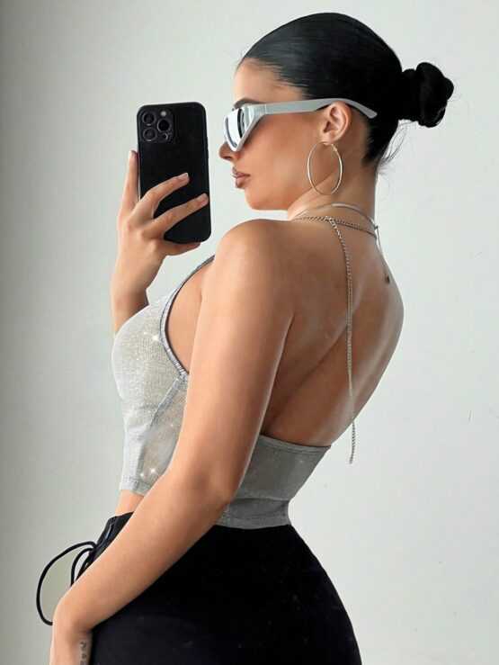 Women's Halter Metallic Design Sheer Mesh Camisole Neck Top - Image 2