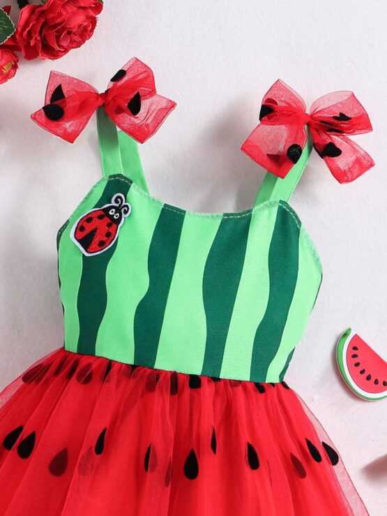 Baby Girl's Cute Watermelon Shaped Flocked Mesh Dress With Shoulder Straps - Image 2