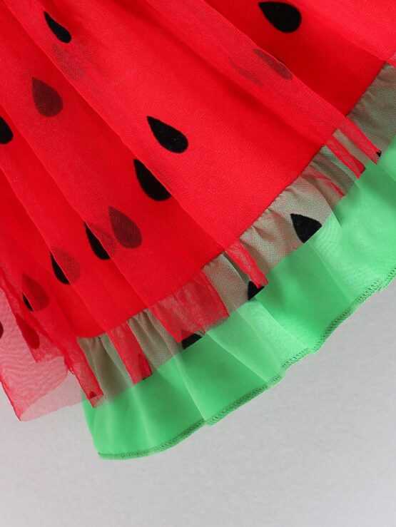 Baby Girl's Cute Watermelon Shaped Flocked Mesh Dress With Shoulder Straps - Image 3