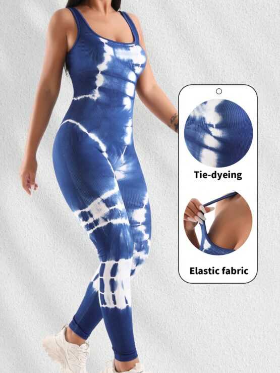 Tie Dye Sleeveless Square Collar High Stretch Yoga Sports Jumpsuit