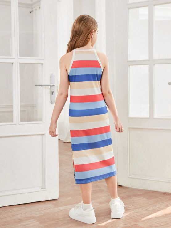 Tween Girl Loose Casual Round Neckline Striped Pattern Side Slit Pullover Cami Dress - Image 2