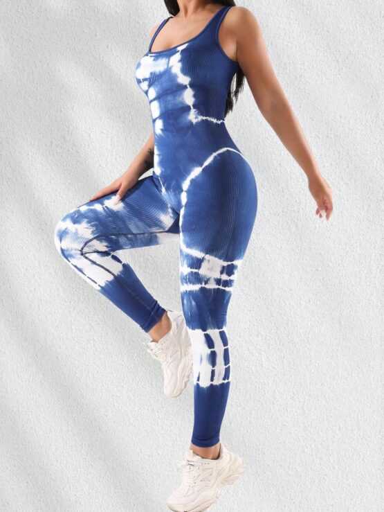 Tie Dye Sleeveless Square Collar High Stretch Yoga Sports Jumpsuit - Image 3