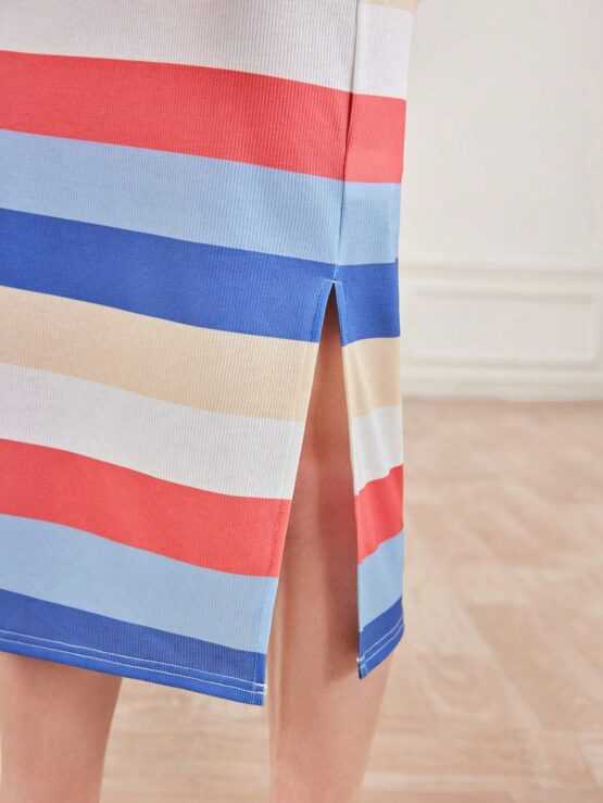Tween Girl Loose Casual Round Neckline Striped Pattern Side Slit Pullover Cami Dress - Image 3