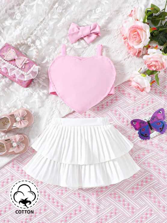Baby Girls' Outfit Including Pink Heart Patterned Top With Hair Bow And Elegant Short Cake Skirt