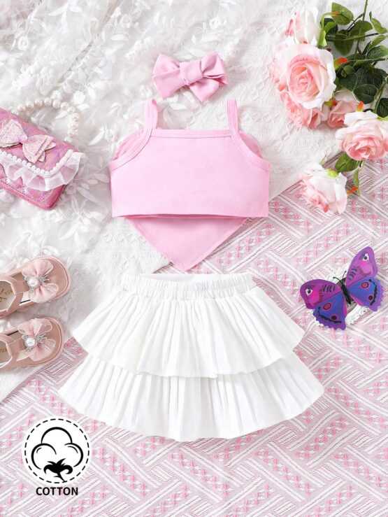 Baby Girls' Outfit Including Pink Heart Patterned Top With Hair Bow And Elegant Short Cake Skirt - Image 2