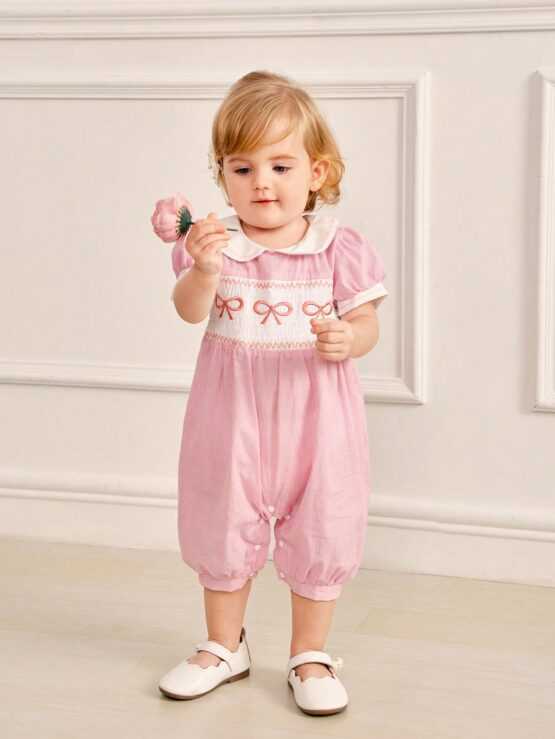 Cute Classic Striped Color Block Romper With Embroidered Bow For Baby Girls