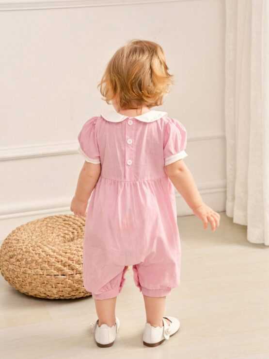 Cute Classic Striped Color Block Romper With Embroidered Bow For Baby Girls - Image 3