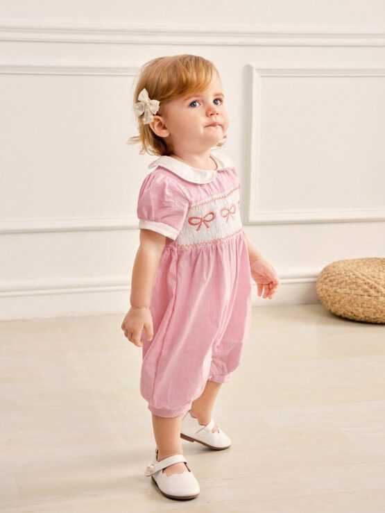 Cute Classic Striped Color Block Romper With Embroidered Bow For Baby Girls - Image 2