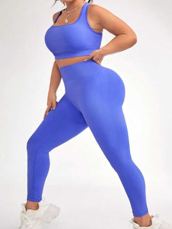 Plus Size Sports Bra & Long Pants Ribbed Set Square Neckline Open Back - Image 3