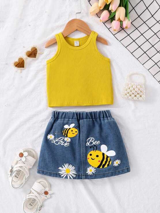 Baby Girls" Fashionable Street Style Cute Bee Pattern Vest Top And Denim Skirt Set