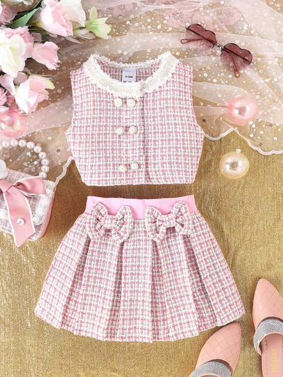 Baby Girls' Ladylike Gingham Sleeveless Blazer & Bowknot Pleated Skirt Set