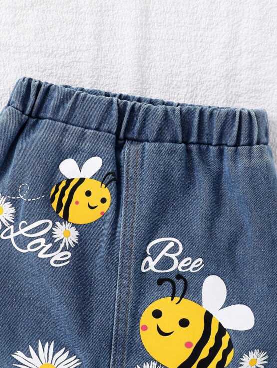 Baby Girls" Fashionable Street Style Cute Bee Pattern Vest Top And Denim Skirt Set - Image 2