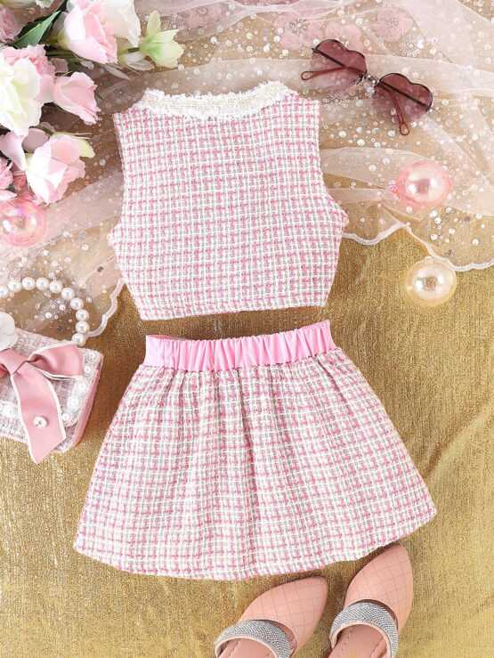 Baby Girls' Ladylike Gingham Sleeveless Blazer & Bowknot Pleated Skirt Set - Image 2