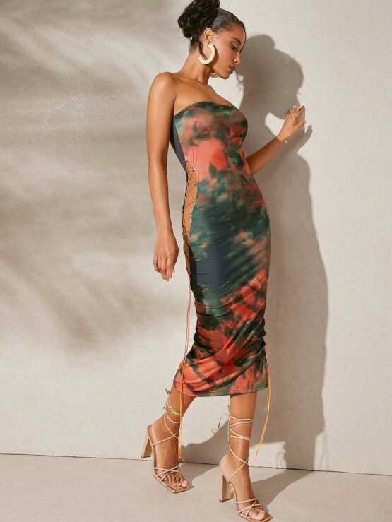 Haute Tie Dye Lace Up Cut Out Tube Dress