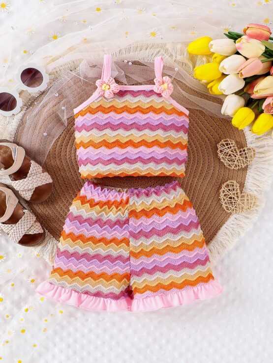 Baby Girl Cute Rainbow Striped Knitted Flower Cami Top & Frill Trim Shorts Set