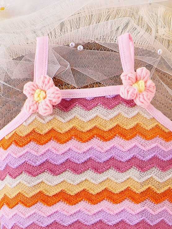 Baby Girl Cute Rainbow Striped Knitted Flower Cami Top & Frill Trim Shorts Set - Image 2