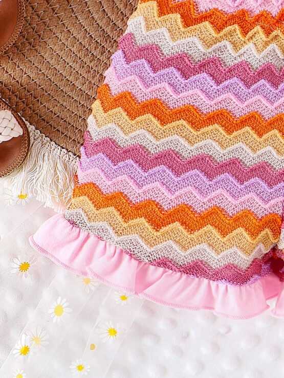 Baby Girl Cute Rainbow Striped Knitted Flower Cami Top & Frill Trim Shorts Set - Image 3